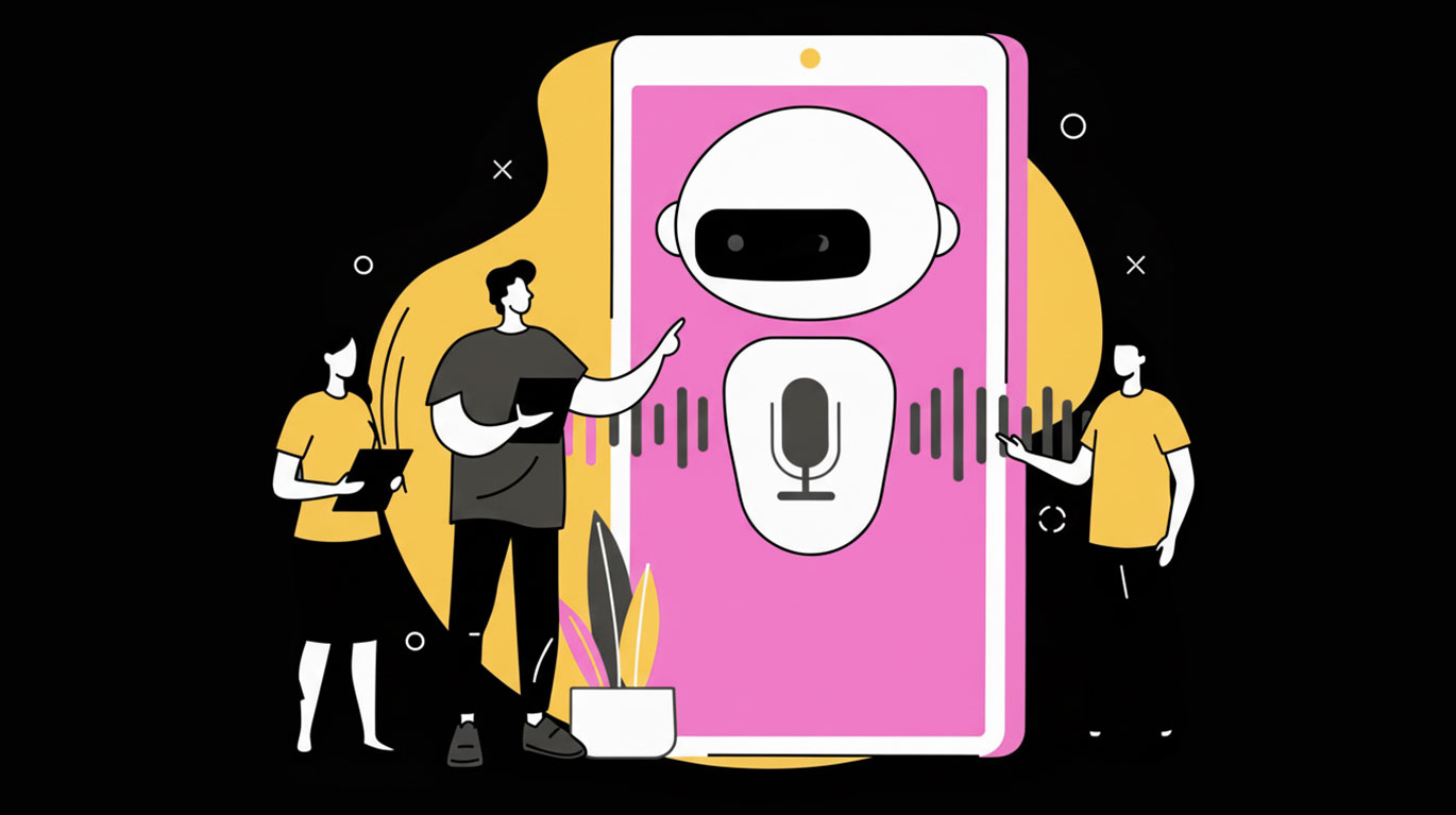 A diverse team interacting with an AI bot on a mobile device, symbolizing the creation of high-quality, multi-dialect Arabic datasets for AI training
